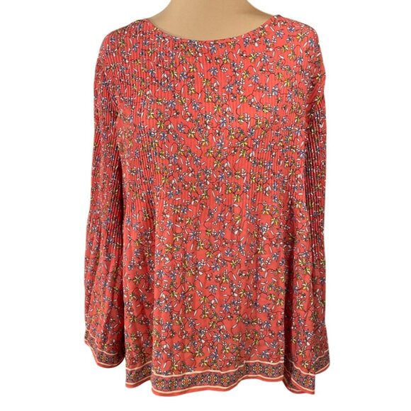 New Max Studio Pleated Tunic Top Orange Floral Size 1X Long Sleeve - Picture 1 of 8